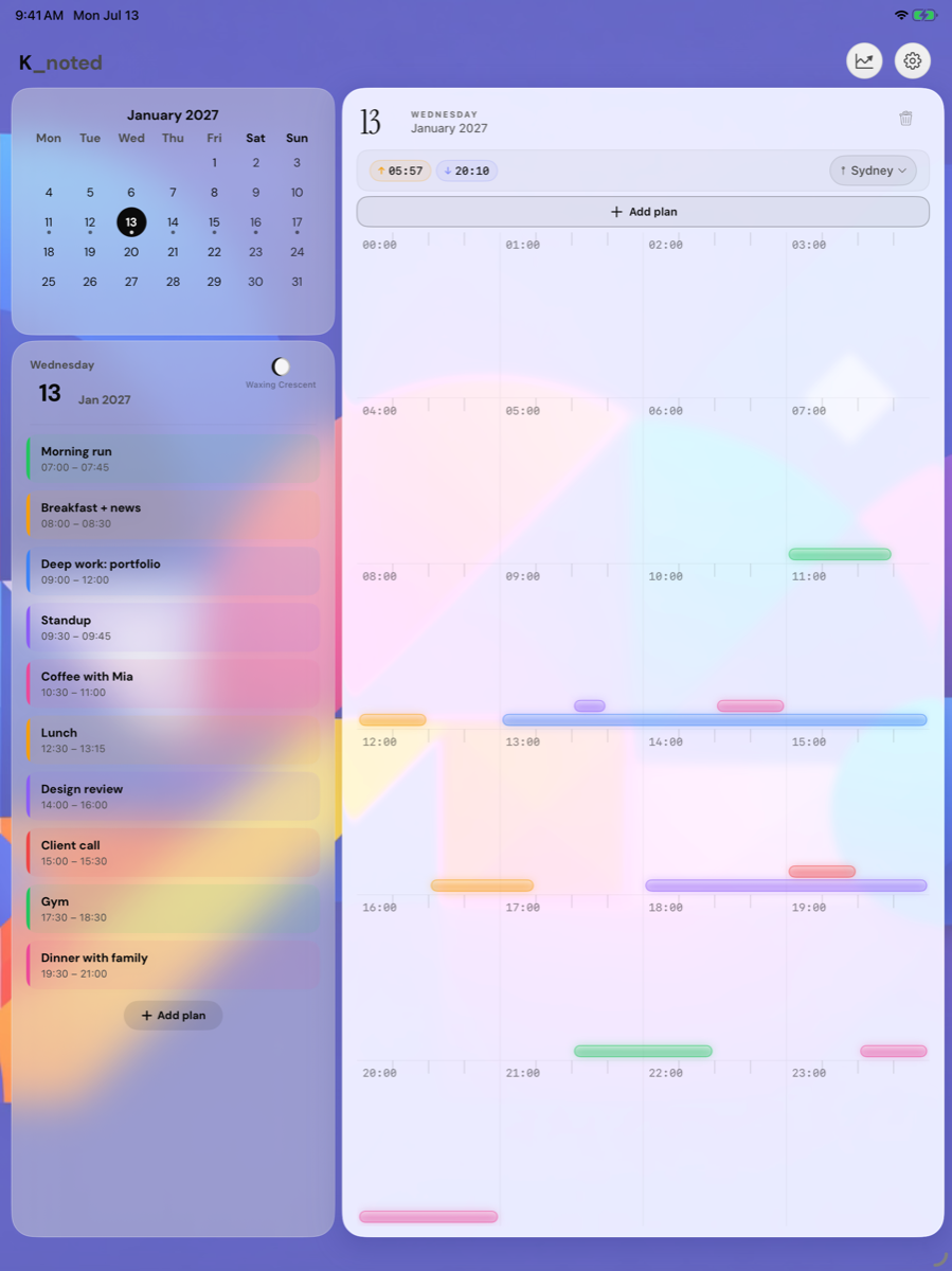 K_noted home screen with a full day of plans